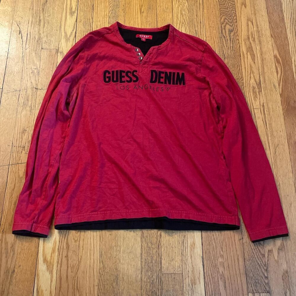 guess denim y2k red and black layered longsleeve grunge tee size large